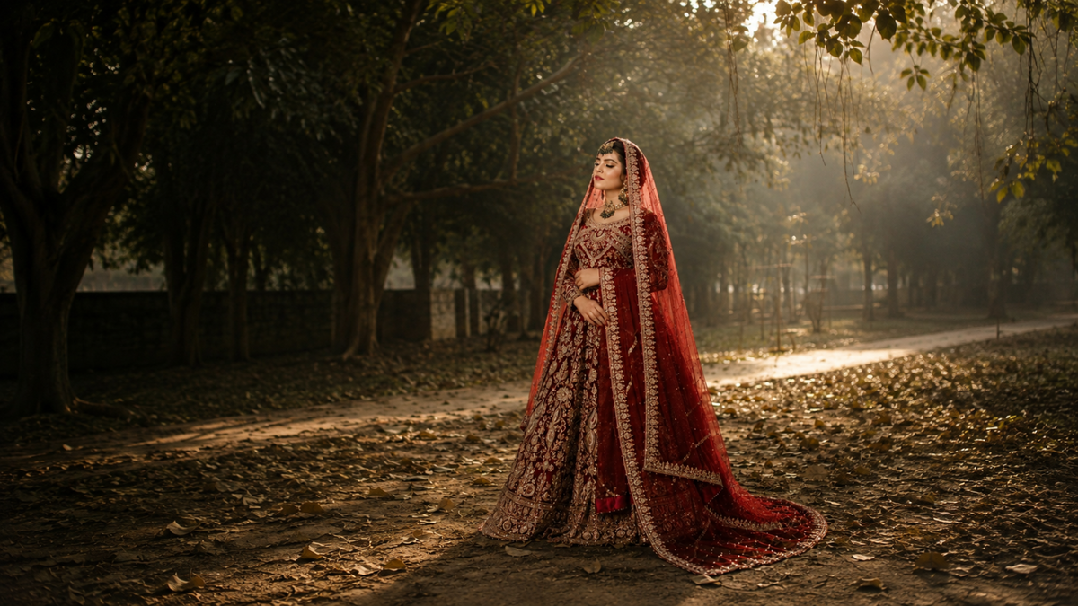A woman wearing an ornate red and gold embroidered traditional bridal outfit with a matching veil stands outdoors on a sunlit path surrounded by trees.